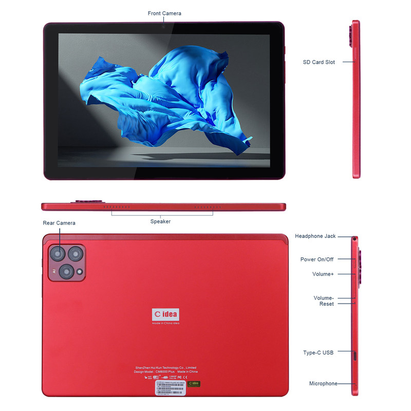 فكرة سي 10 بوصة أندرويد 12 Tablet 8GB RAM 256GB ROM موديل CM8000PLUS الأحمر