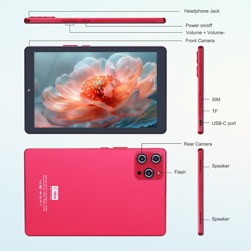 C idea 9 بوصة أندرويد 12 Tablet 8GB RAM 512GB ROM 5MP + 8MP كاميرا مزدوجة WIFI Tablet مع SIM CM915 (الأحمر)