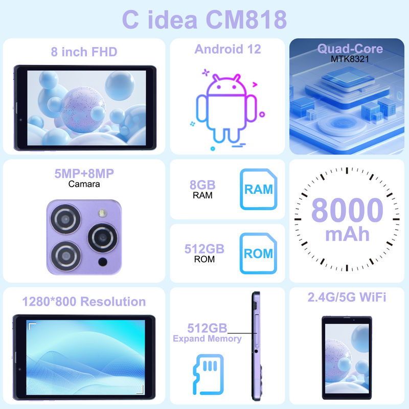 C Idea المحمول 8 في جهاز كمبيوتر لوحي بنظام أندرويد 8GB RAM 512 GB Android 12 Tablet IPS HD Display Quad Core CM818-Purple