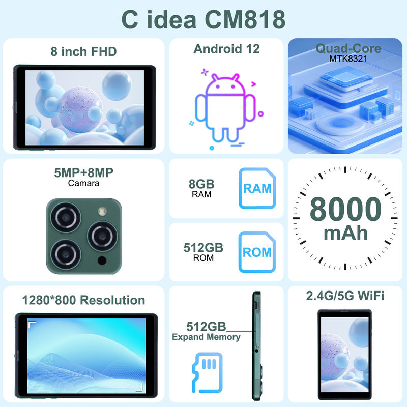 C idea 8 بوصة Android Tablet PC مع نظام التشغيل أندرويد 12 Quad Core CPU 8GB RAM 512GB Storage IPS HD Display CM818-Green