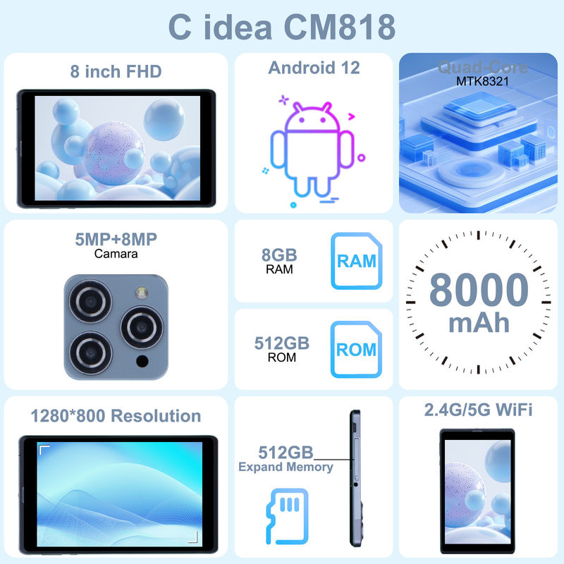 فكرة C جهاز كمبيوتر لوحي أندرويد كمبيوتر كمبيوتر مزدوج 8 بوصة 1280x800 IPS HD عرض أندرويد 12 لوحات للطلاب CM818 رمادية