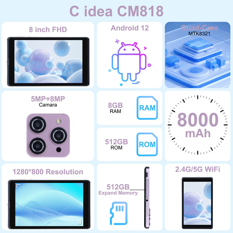 فكرة C 8 بوصة أندرويد 12 جهاز لوحي 8000mAh بطارية 5 + 8MP كاميرا 8GB ذاكرة الوصول العشوائي 512GB ROM للتعليم التعلم CM818-الورد