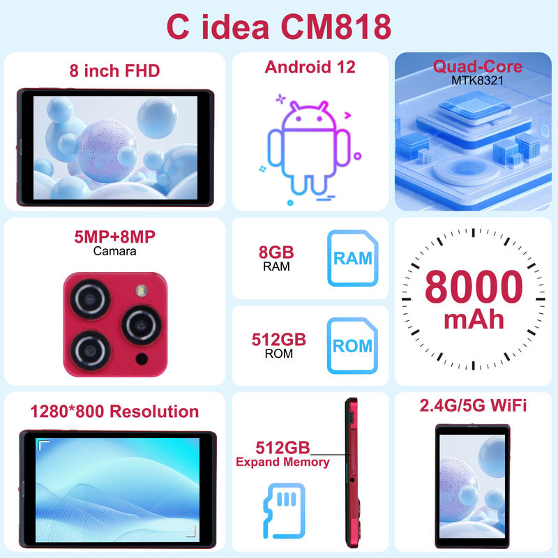فكرة C 8 بوصة أندرويد 12 جهاز لوحي 8GB ذاكرة الوصول العشوائي 512GB ROM 8000mAh بطارية 5+8MP كاميرا للطالب مع دعم SIM CM818 أحمر