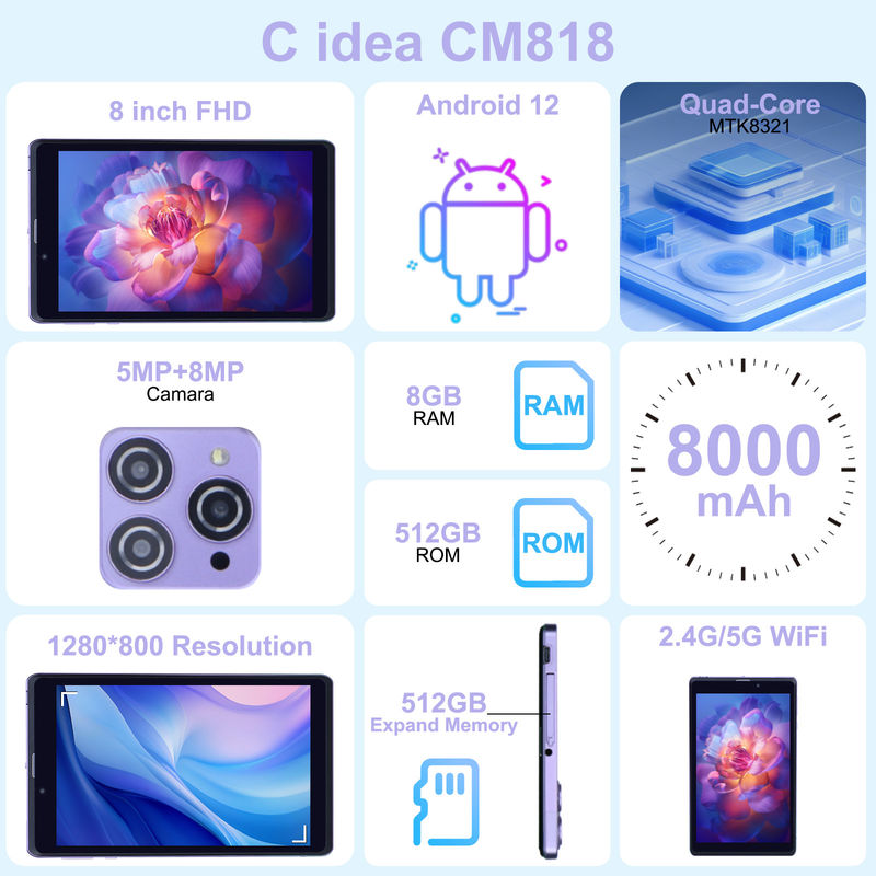 C Idea المحمول 8 في جهاز كمبيوتر لوحي بنظام أندرويد 8GB RAM 512 GB Android 12 Tablet IPS HD Display Quad Core CM818-Purple