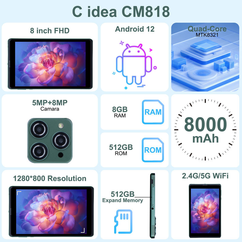 C idea جهاز كمبيوتر محمول 8 بوصة أندرويد Tablet PC مع أندرويد 12 Quad Core CPU 8GB RAM 512GB Storage IPS HD Display CM818-Green