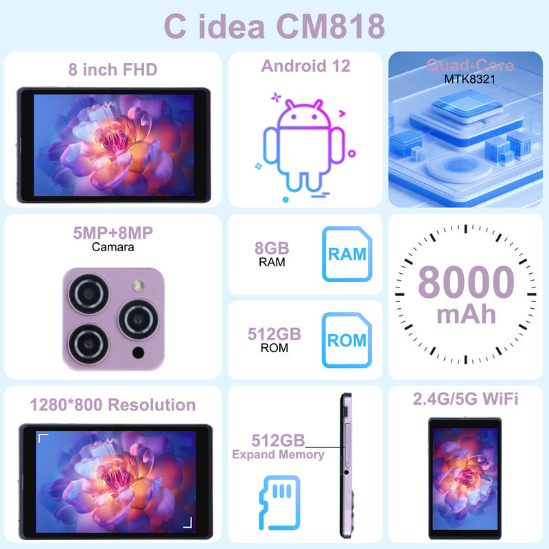 C Idea 8 بوصة أندرويد 12 Tablet 8000mAh بطارية 5MP + 8MP كاميرا 8GB RAM 512GB ROM للتعليم التعلم CM818- الوردي