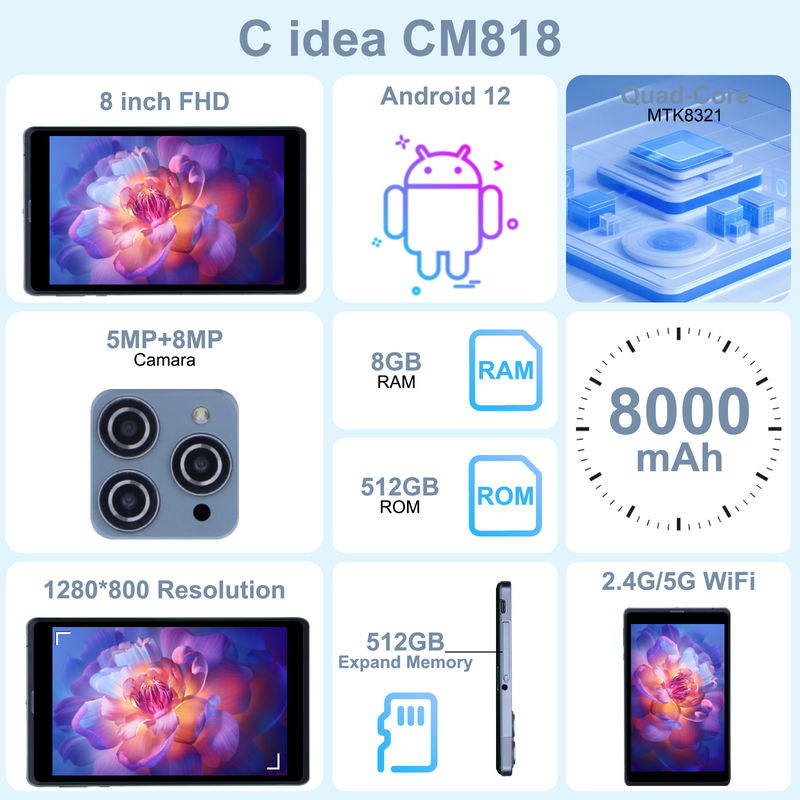 فكرة C جهاز كمبيوتر لوحي أندرويد كمبيوتر كمبيوتر مزدوج 8 بوصة 1280x800 IPS HD شاشة أندرويد 12 أقراص للمراهقين CM818 رمادية