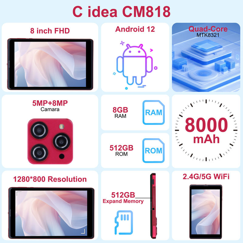 فكرة C 8 بوصة أندرويد 12 جهاز لوحي 8GB ذاكرة الوصول العشوائي 512GB ROM 8000mAh بطارية 5+8MP كاميرا للطالب مع دعم SIM CM818 أحمر