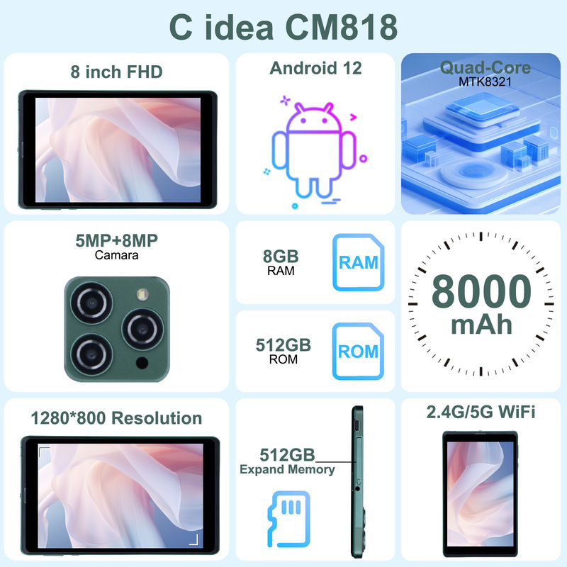 C idea 8 بوصة Android Tablet PC مع نظام التشغيل أندرويد 12 Quad Core CPU 8GB RAM 512GB Storage IPS HD Display CM818-Green