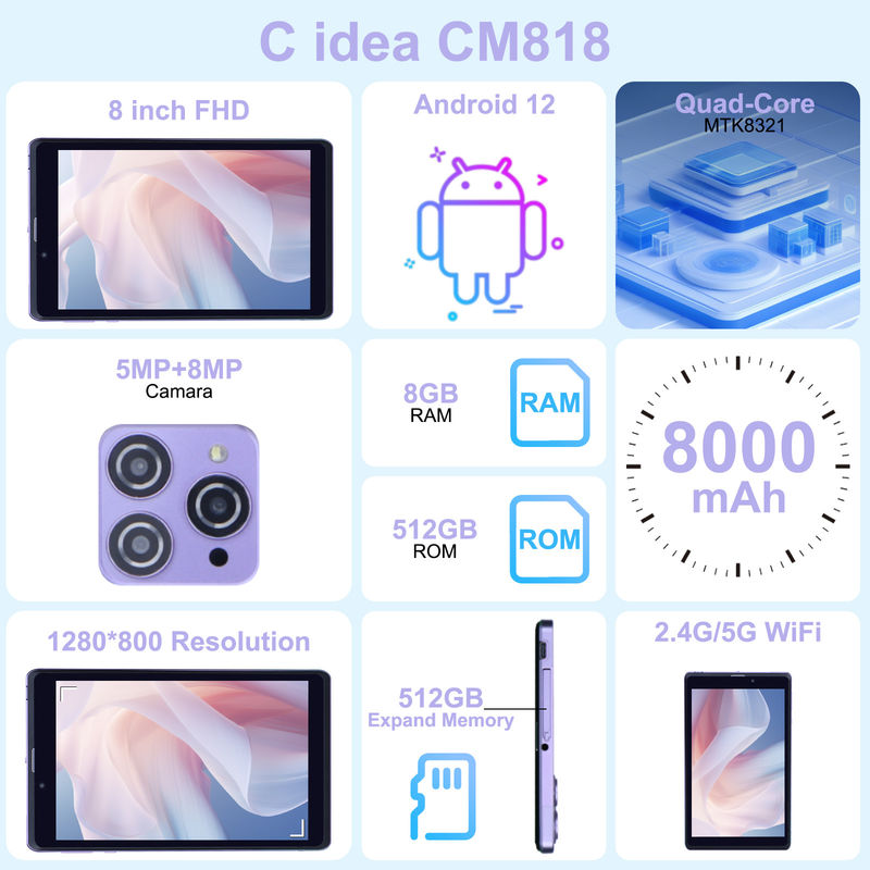 C Idea المحمول 8 في جهاز كمبيوتر لوحي بنظام أندرويد 8GB RAM 512 GB Android 12 Tablet IPS HD Display Quad Core CM818-Purple