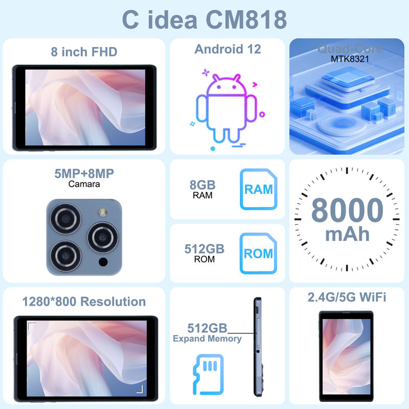 فكرة C جهاز كمبيوتر لوحي أندرويد كمبيوتر كمبيوتر مزدوج 8 بوصة 1280x800 IPS HD عرض أندرويد 12 لوحات للطلاب CM818 رمادية