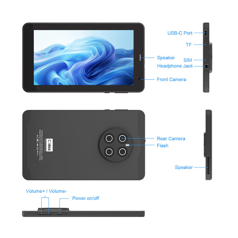 C Idea Android 13 Tablet 512GB مع SIM 7 بوصة جهاز كمبيوتر لوحي للطلاب CM518 Pro الأسود