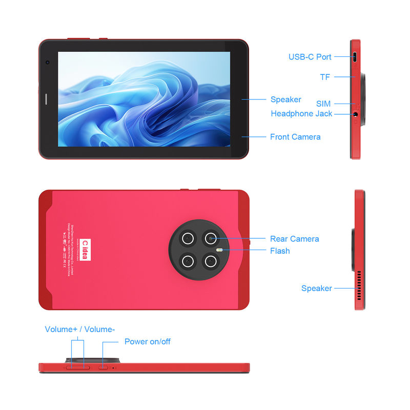 C Idea Android 13 Tablet With SIM Wifi جهاز لوحة بشاشة لمسة 7 بوصة للطلاب CM518 Pro Red