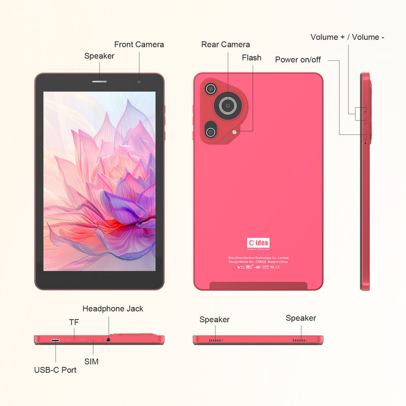 C Idea 5g Android Tablet 8+512gb 8 بوصة Tablet للطلاب مع سيم و واي فاي Cm828 الأحمر
