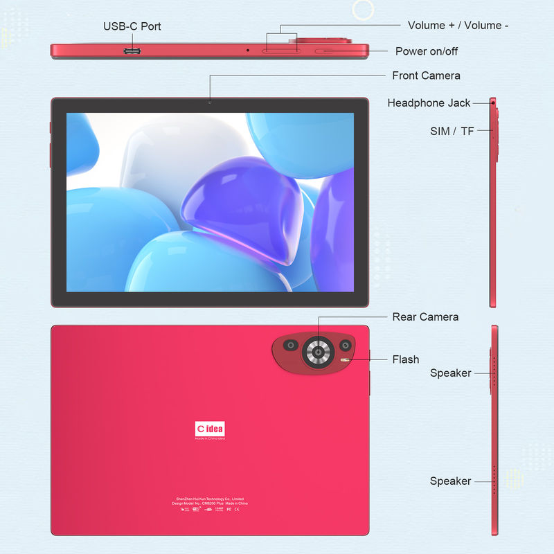 C Idea 10.1 بوصة أندرويد 14 جهاز كمبيوتر لوحي ذكي مع دعم سيم للمراهقين CM8200Plus أحمر