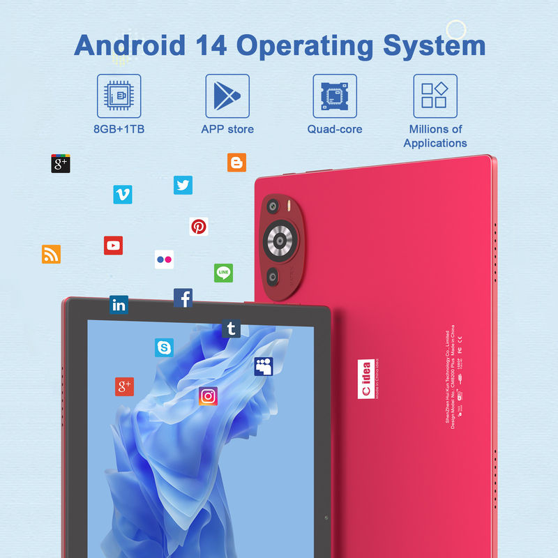 C Idea 10.1 بوصة أندرويد 14 جهاز كمبيوتر لوحي ذكي مع بطاقة SIM مزدوجة وقلم CM8200Plus أحمر