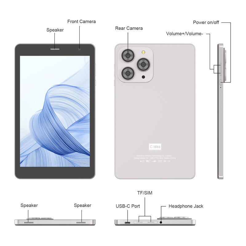 جهاز لوحي C idea مقاس 8 بوصة يعمل بتقنية الواي فاي مع ذاكرة تخزين 8+512 جيجابايت ومعالج رباعي النواة وشاشة لمس IPS بدقة 800 × 1280 فضي CM817 Pro