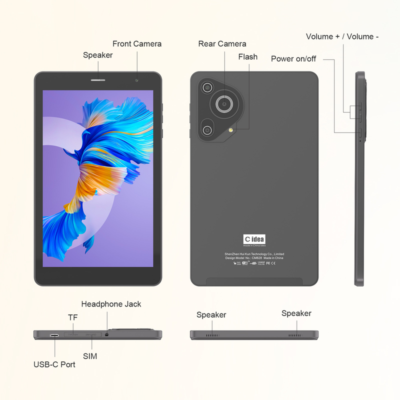 جهاز لوحي C idea Youth مقاس 8 بوصة يعمل بنظام Android 15 مع شاشة ضوء أسود، واي فاي، 8 جيجابايت + 512 جيجابايت، 800 * 1280 IPS incell CM828