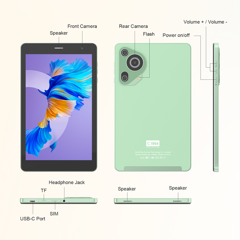 جهاز لوحي C idea Youth أخضر مقاس 8 بوصات يعمل بنظام Android 15 مع فتحة بطاقة tf، وWi-Fi، و8 جيجابايت + 512 جيجابايت، وشاشة IPS incell CM828 بدقة 800 × 1280