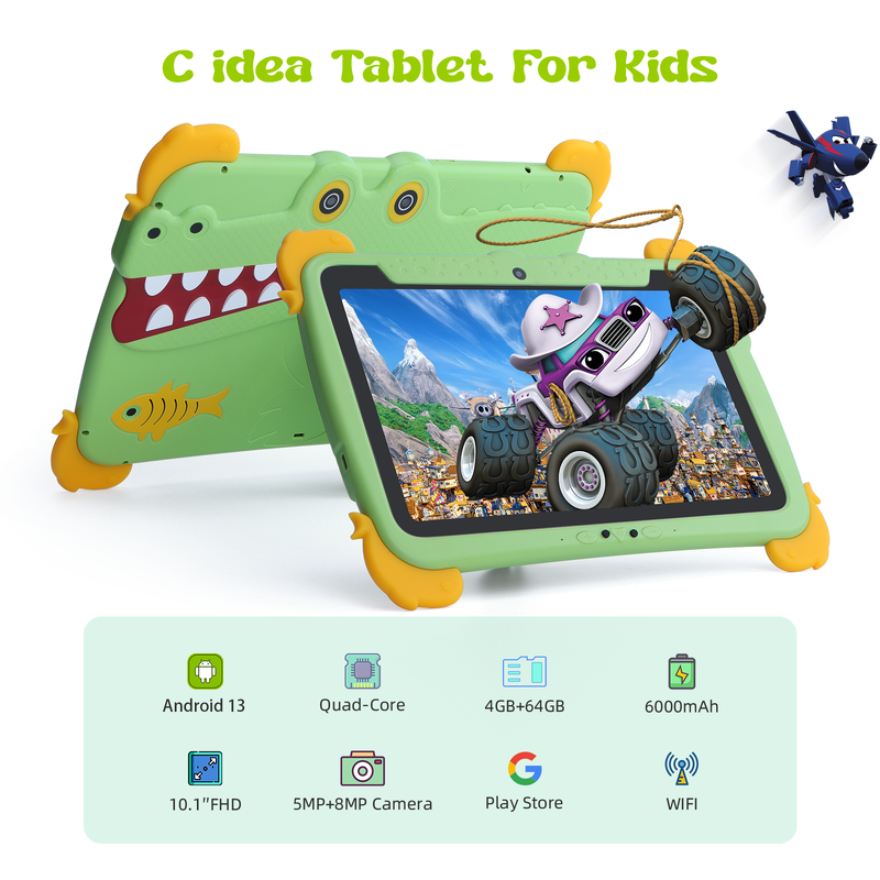 جهاز لوحي C Idea مقاس 10.1 بوصة يعمل بنظام Android، ذاكرة وصول عشوائي (RAM) 4 جيجابايت، ذاكرة قراءة فقط (ROM) 64 جيجابايت، جهاز لوحي للأطفال P1100