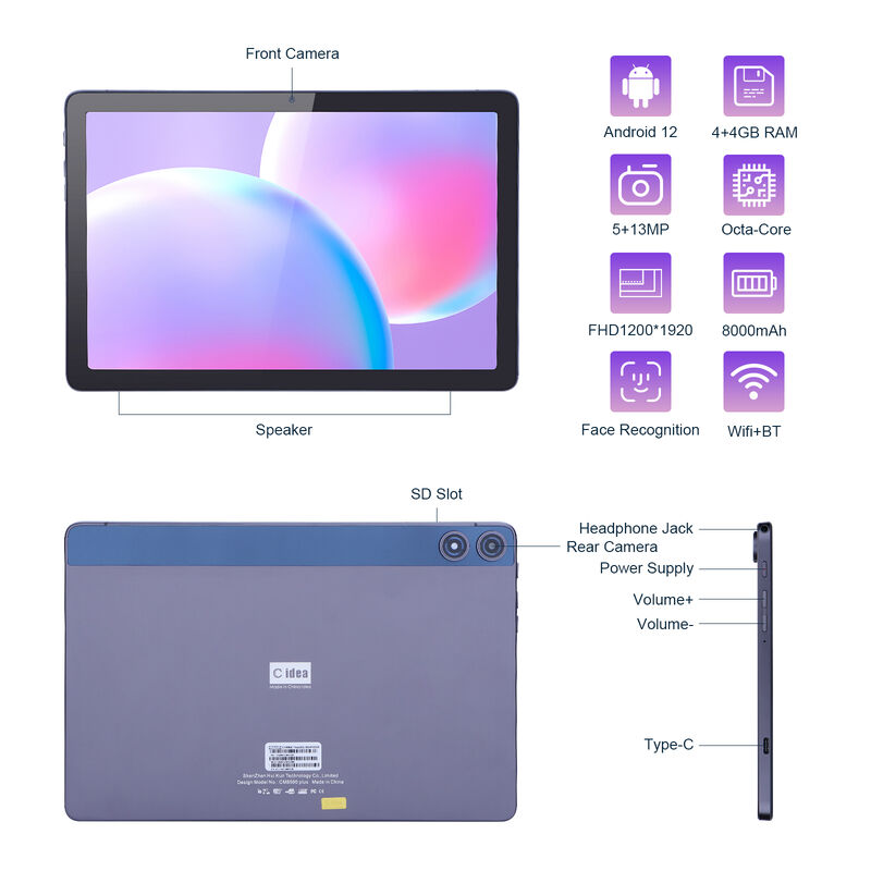 C Idea Android Tablet FHD 1200*1920 مع بطارية 6000mAh 10.1 بوصة جهاز كمبيوتر لوحي P1250